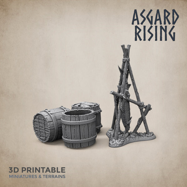 Räucherfisch und Fässer