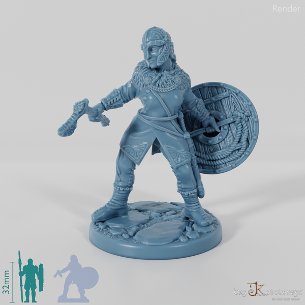 Behelmte Schildmaid mit Axt und Schild