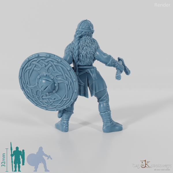 Behelmte Schildmaid mit Axt und Schild