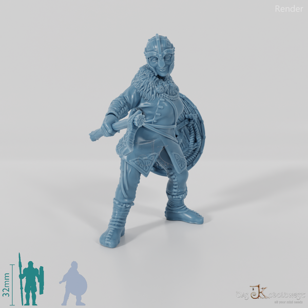 Behelmte Schildmaid mit Axt und Schild