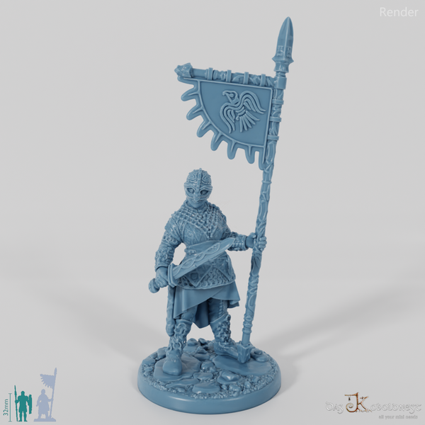 Behelmte Schildmaid mit Schwert und Banner