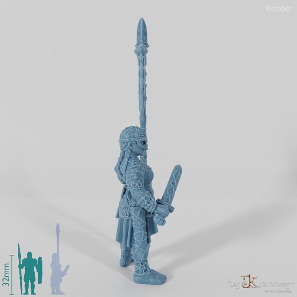 Behelmte Schildmaid mit Schwert und Banner