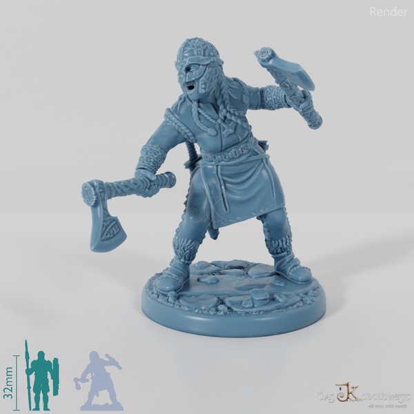 Behelmte Schildmaid mit Einhandäxten