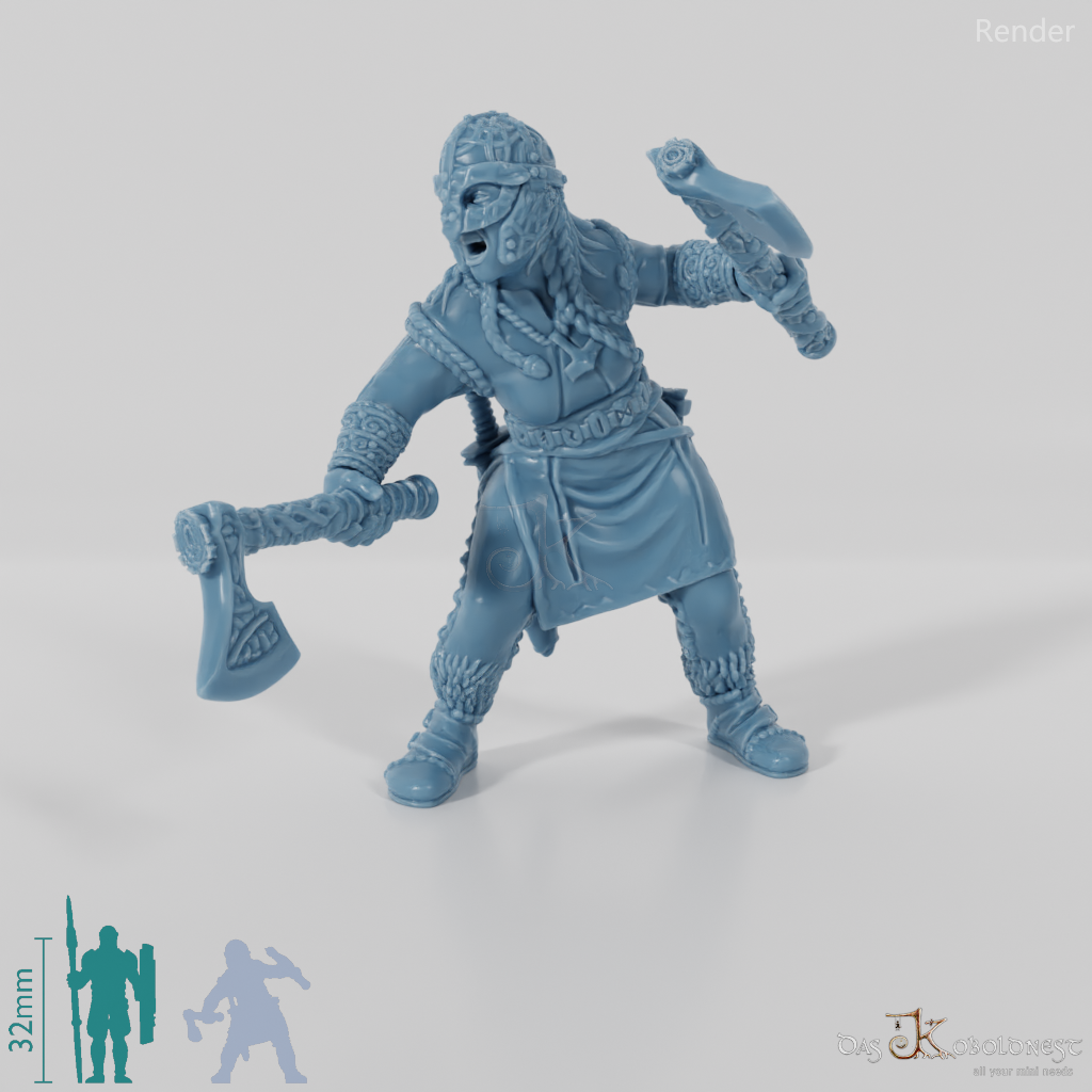 Behelmte Schildmaid mit Einhandäxten