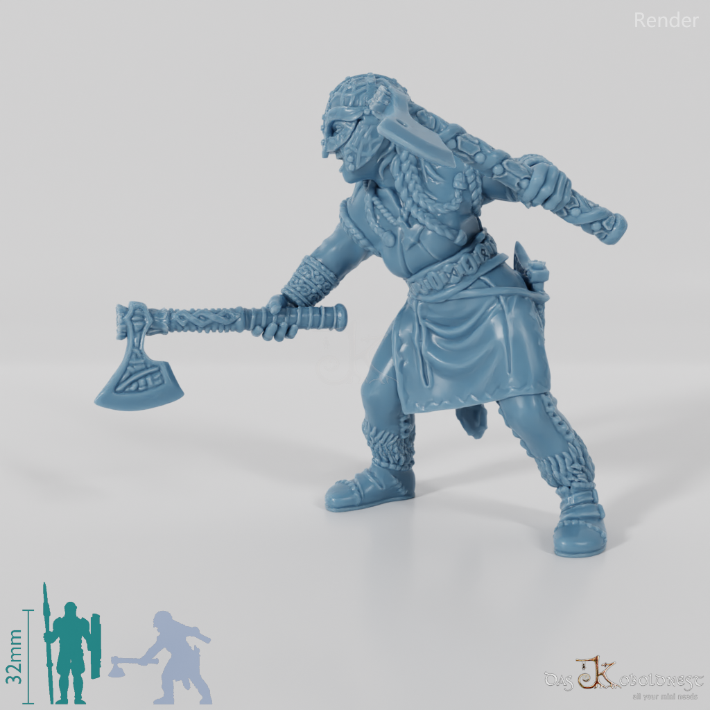 Behelmte Schildmaid mit Einhandäxten