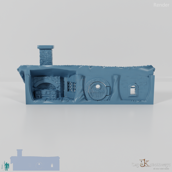 Halblinghöhlen-Fassade mit Strohdach