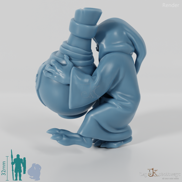 Krämergehilfe mit Flasche