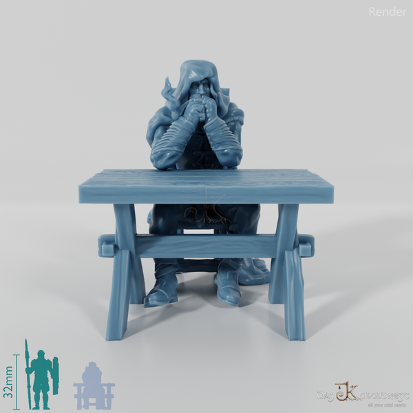 Verhüllter Waldläufer an Tisch